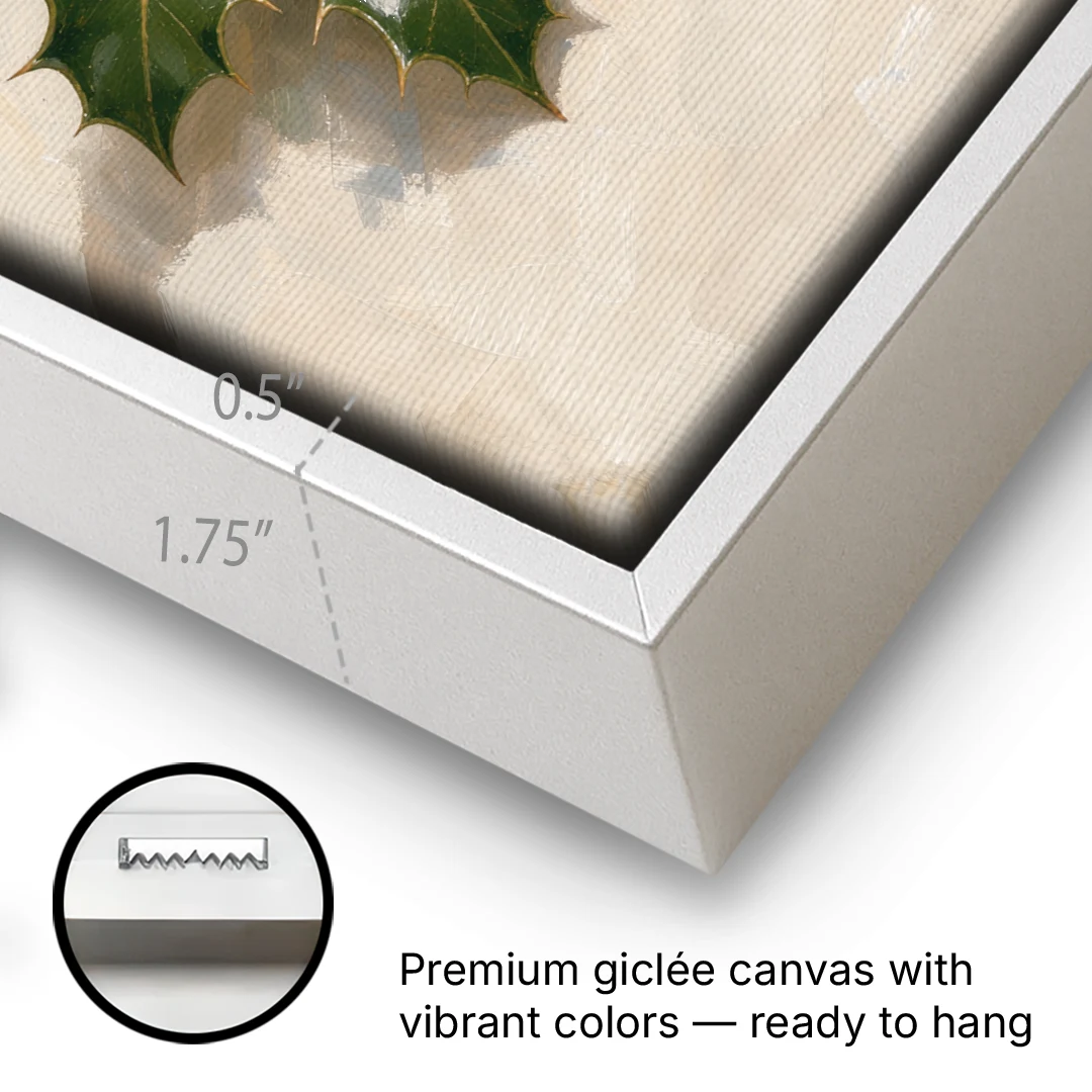 Holly Wall Art with Red Berries on Cream - White Framed Canvas Wall Art - Gallery Wrap Corner