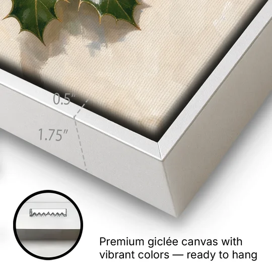 Holly Wall Art with Red Berries on Cream - White Framed Canvas Wall Art - Gallery Wrap Corner