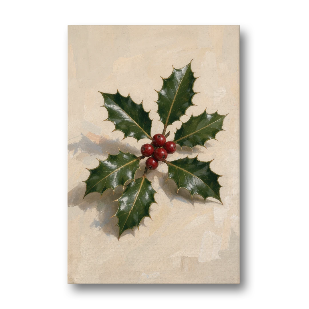 Holly Wall Art with Red Berries on Cream - Canvas Wall Art - Front