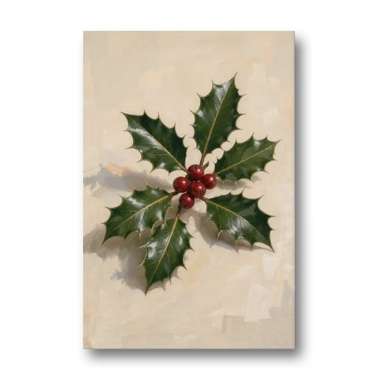 Holly Wall Art with Red Berries on Cream - Canvas Wall Art - Front