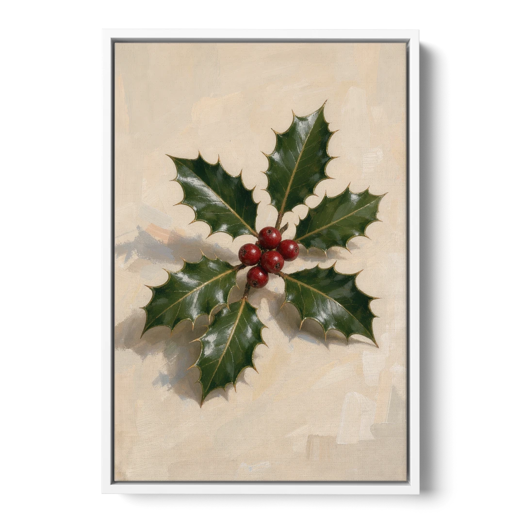 Holly Wall Art with Red Berries on Cream - White Framed Canvas Wall Art - Front