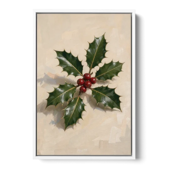 Holly Wall Art with Red Berries on Cream - White Framed Canvas Wall Art - Front