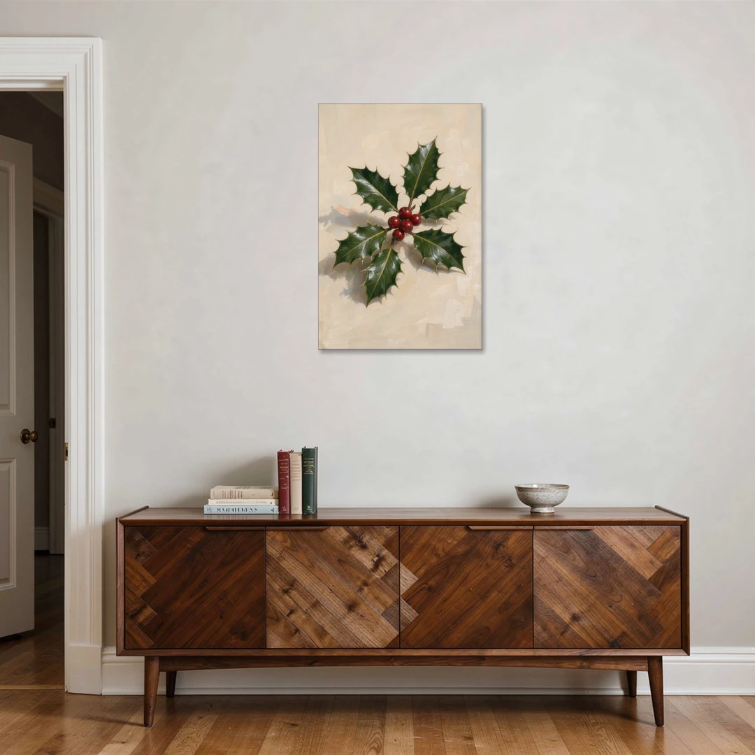 Holly Wall Art with Red Berries on Cream - Canvas Wall Art - Coffee Table - 24x36