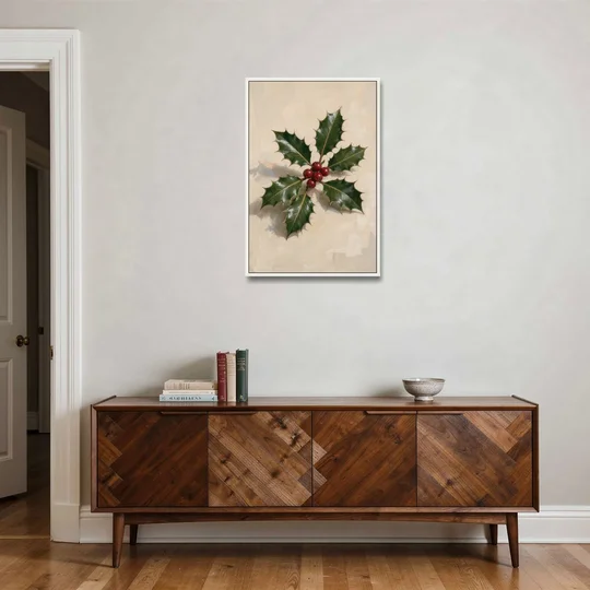 Holly Wall Art with Red Berries on Cream - White Framed Canvas Wall Art - Coffee Table - 24x36