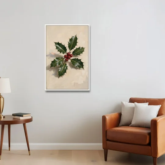Holly Wall Art with Red Berries on Cream - White Framed Canvas Wall Art - Sofa - 24x36