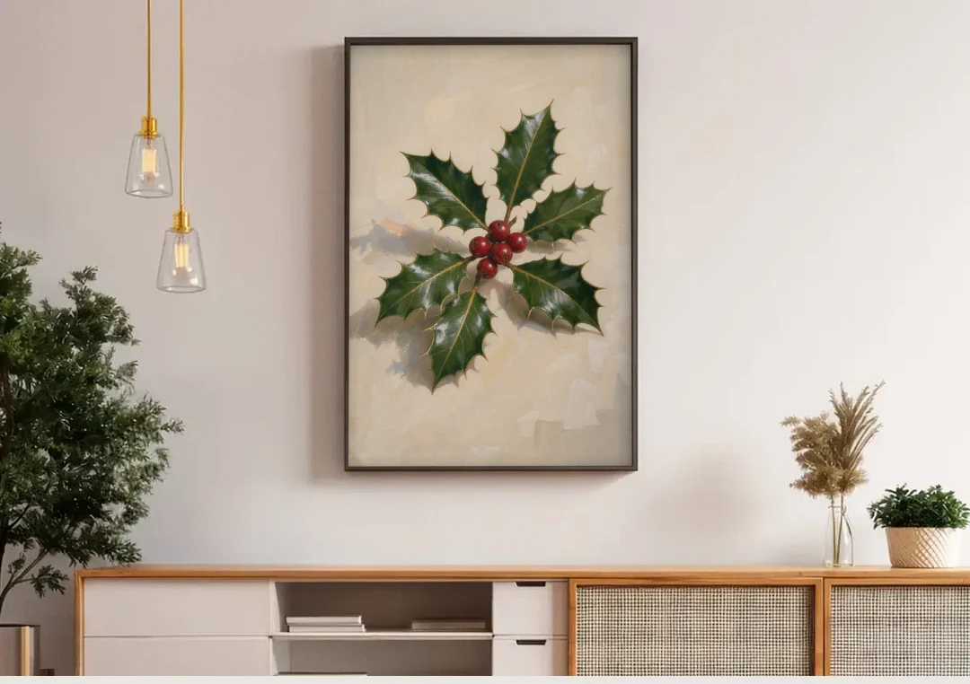 Holly Wall Art with Red Berries on Cream canvas wall art above a wooden sideboard under pendant lights