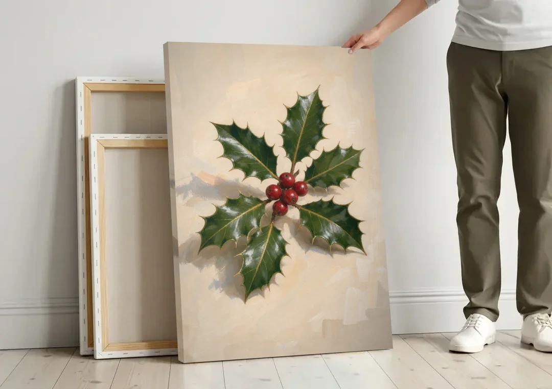 Holly Wall Art with Red Berries on Cream canvas wall art leaning against a wall next to blank canvases