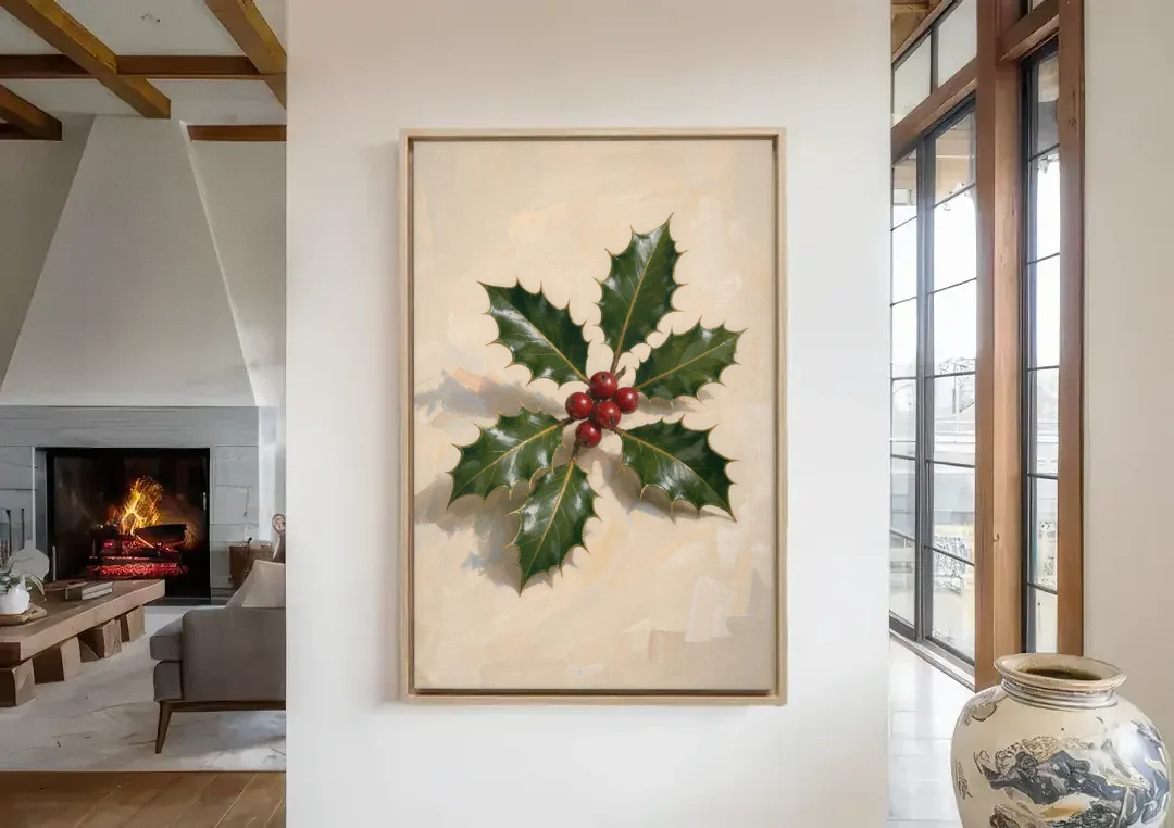 Holly Wall Art with Red Berries on Cream canvas wall art in a living room with a fireplace