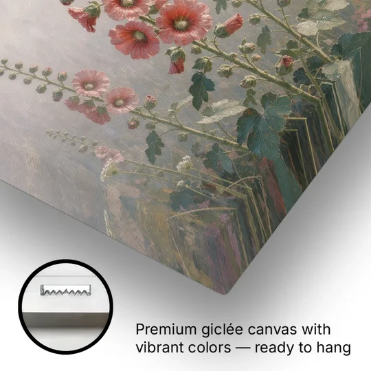 Hollyhock Painting with Foxgloves in Morning Mist - Canvas Wall Art - Gallery Wrap Corner