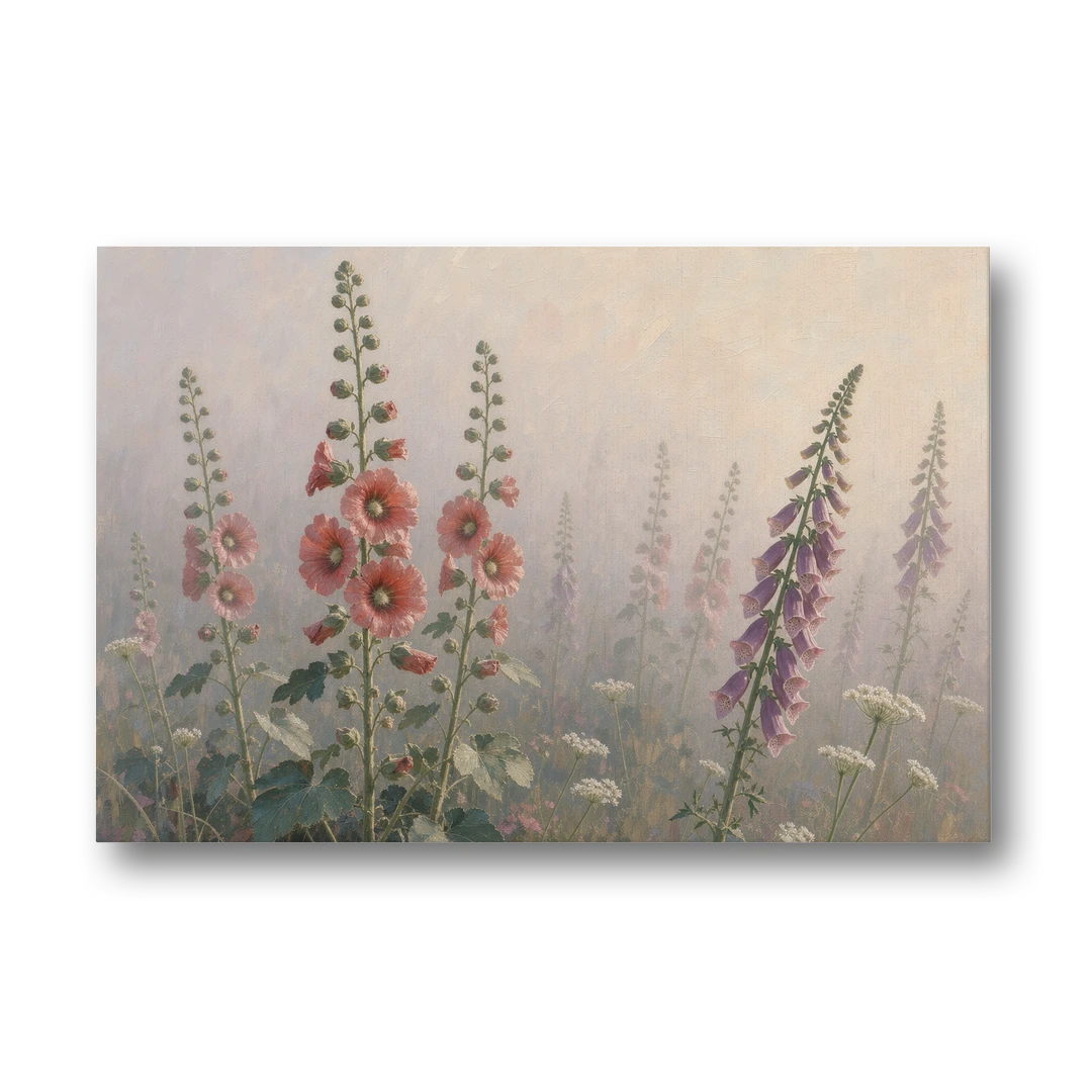 Hollyhock Painting with Foxgloves in Morning Mist - Canvas Wall Art - Front