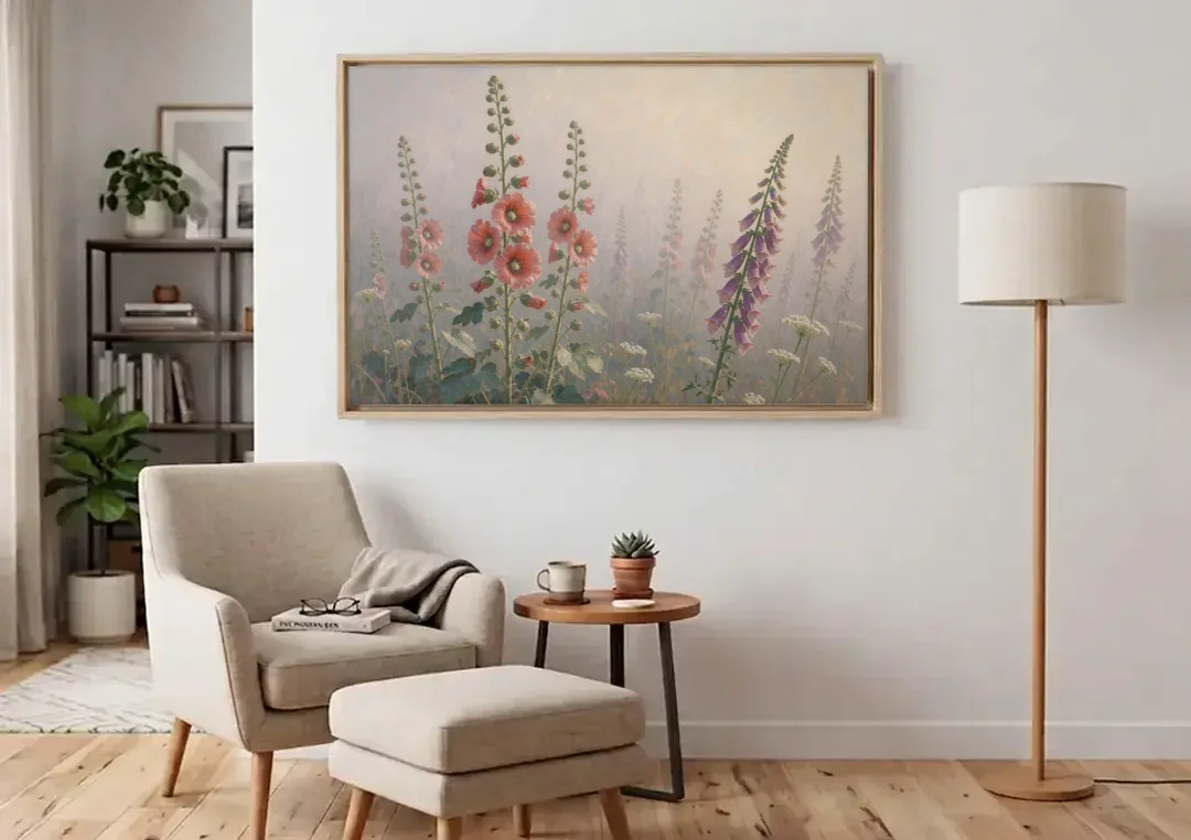 Hollyhock Painting with Foxgloves in Morning Mist canvas wall art above an armchair in a bright living room