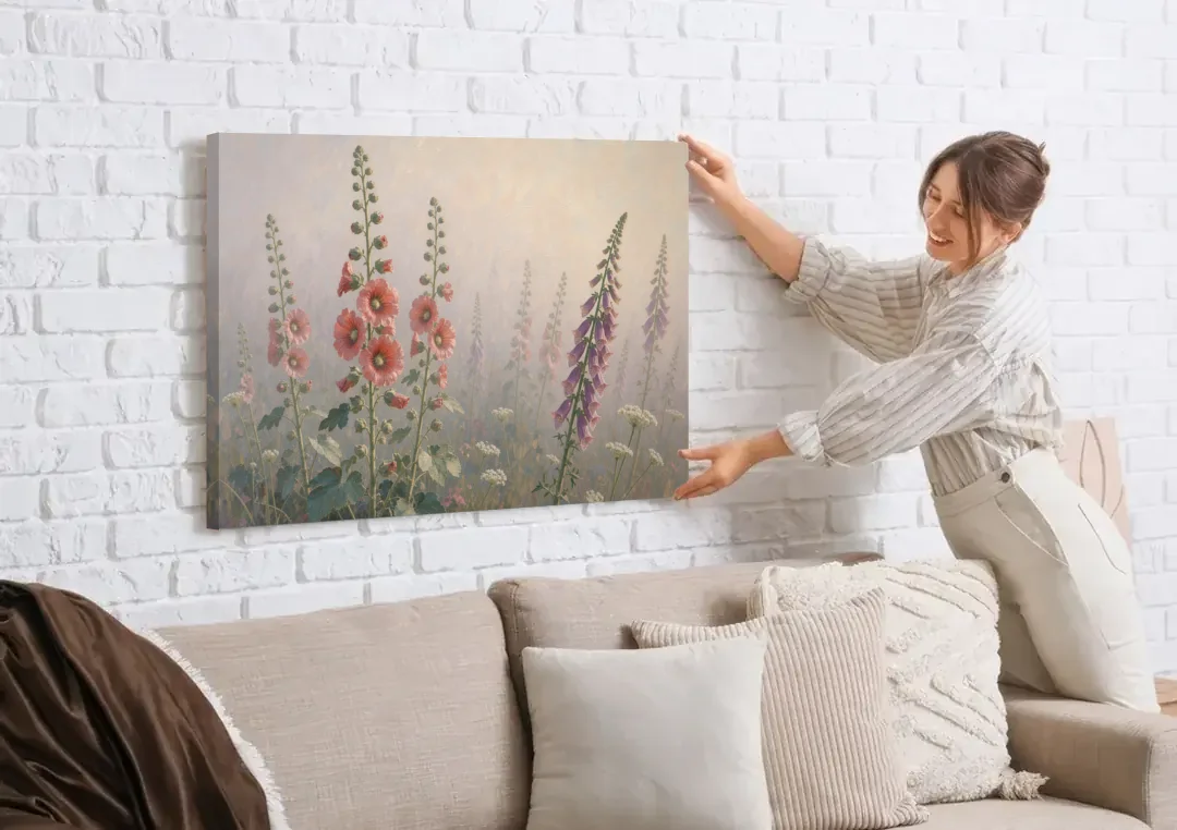 Hollyhock Painting with Foxgloves in Morning Mist canvas wall art being hung on a white brick wall above a sofa