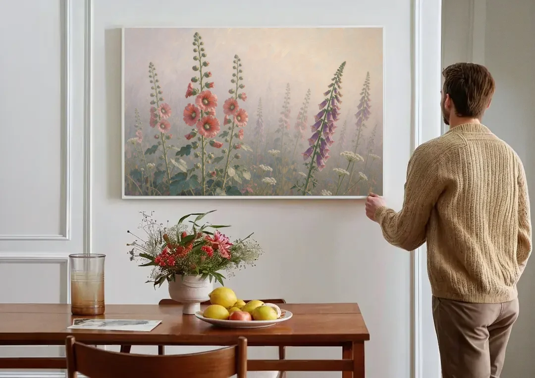 Hollyhock Painting with Foxgloves in Morning Mist canvas wall art above a dining table