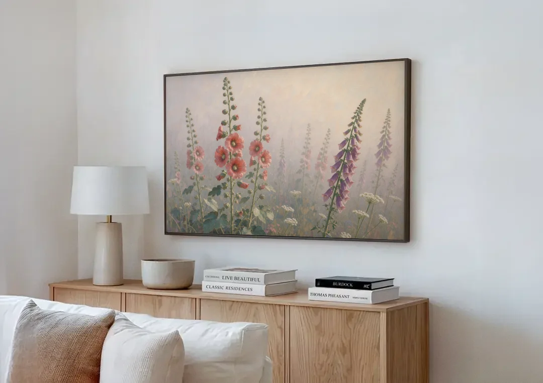 Hollyhock Painting with Foxgloves in Morning Mist canvas wall art above a wooden sideboard next to a sofa
