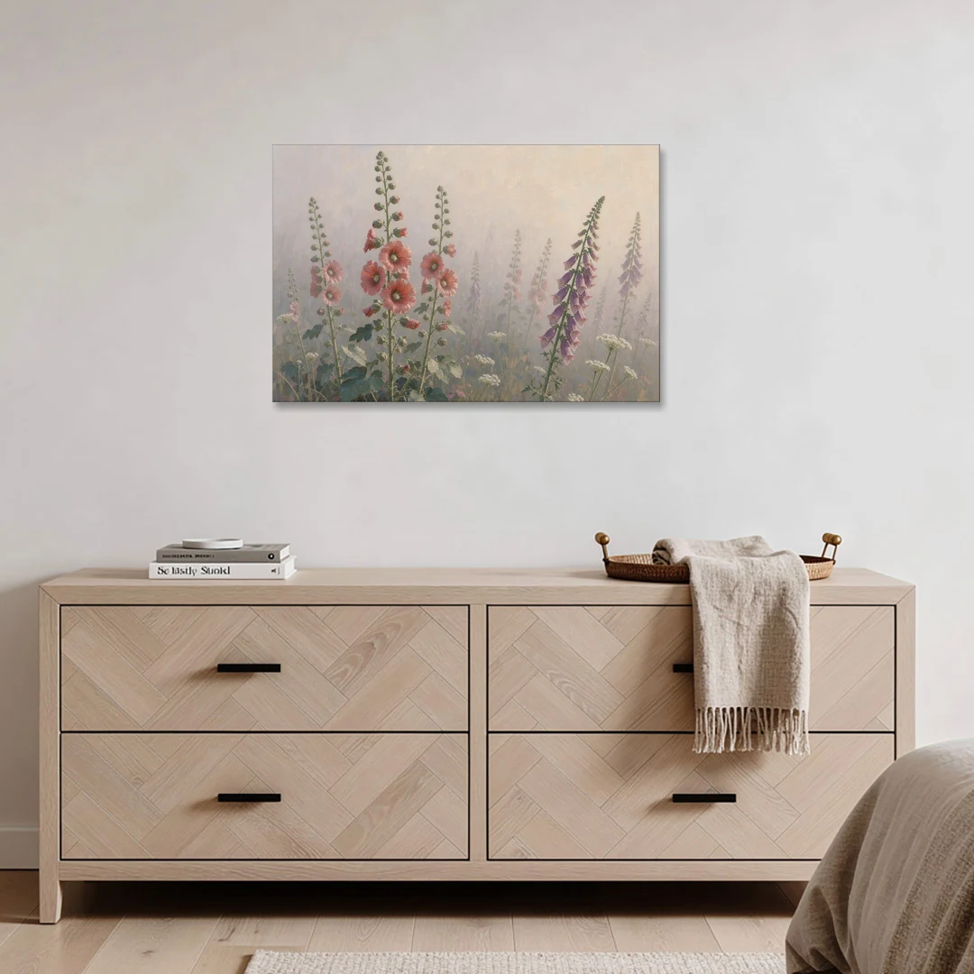 Hollyhock Painting with Foxgloves in Morning Mist - Canvas Wall Art - Coffee Table - 36x24