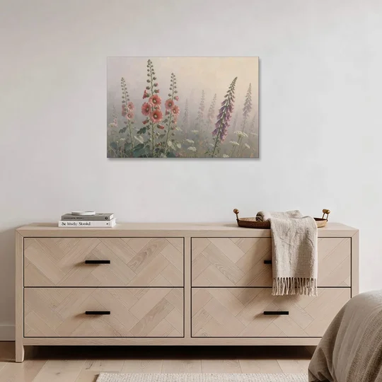 Hollyhock Painting with Foxgloves in Morning Mist - Canvas Wall Art - Coffee Table - 36x24