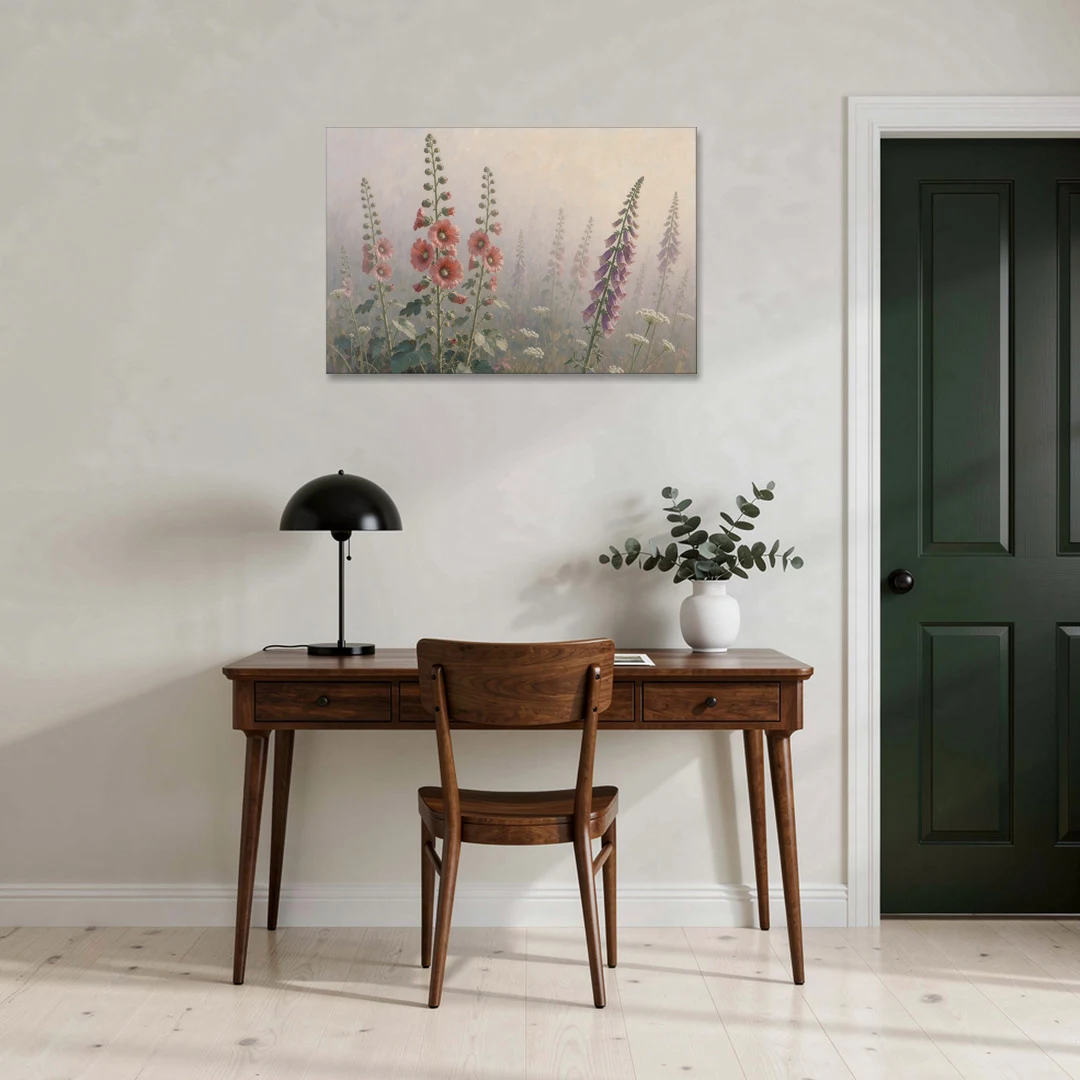 Hollyhock Painting with Foxgloves in Morning Mist - Canvas Wall Art - Office - 36x24