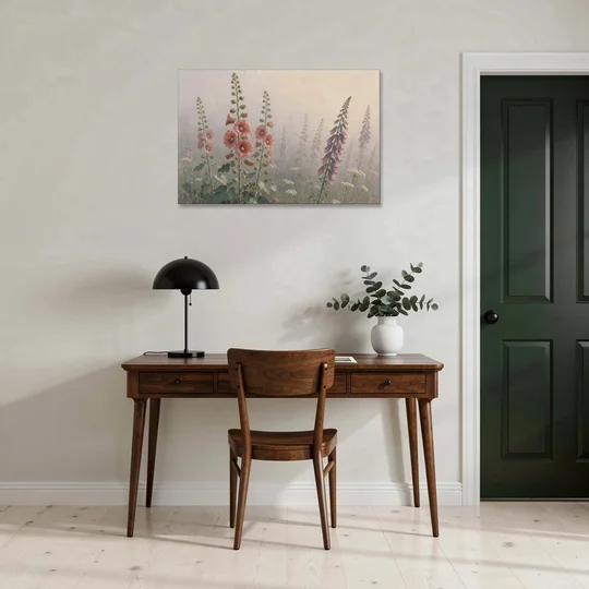 Hollyhock Painting with Foxgloves in Morning Mist - Canvas Wall Art - Office - 36x24