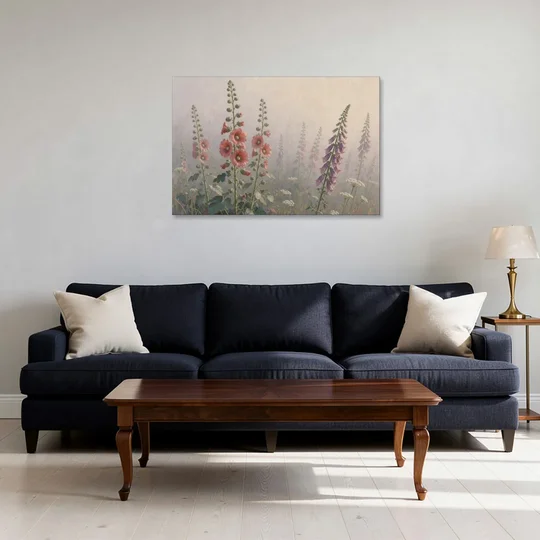 Hollyhock Painting with Foxgloves in Morning Mist - Canvas Wall Art - Sofa - 36x24