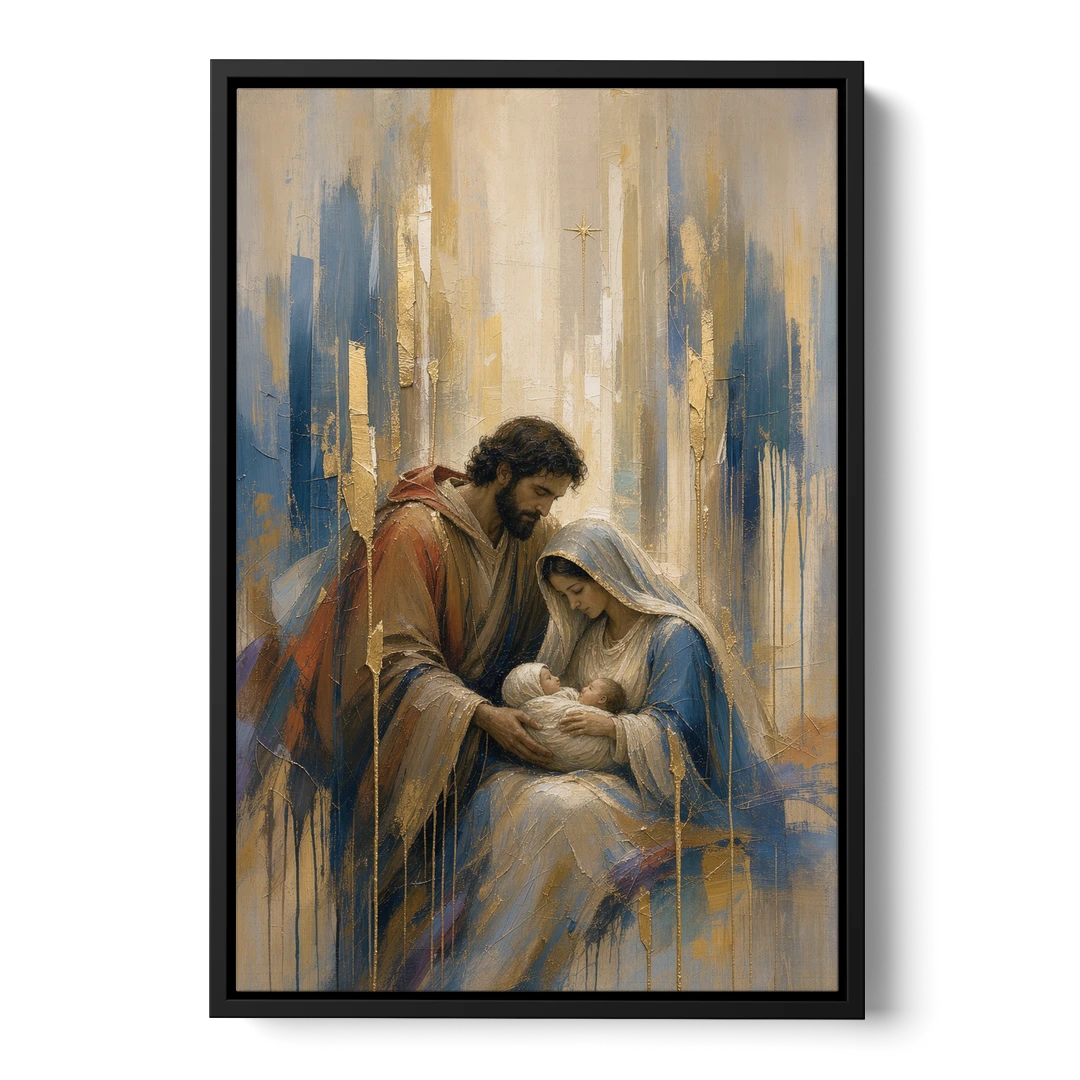 Holy Family Canvas in Indigo and Gold - Black Framed Canvas Wall Art - Front