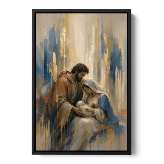 Holy Family Canvas in Indigo and Gold - Black Framed Canvas Wall Art - Front