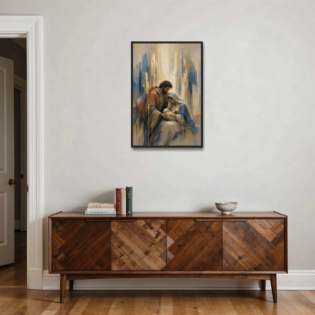 Holy Family Canvas in Indigo and Gold - Black Framed Canvas Wall Art - Coffee Table - 24x36