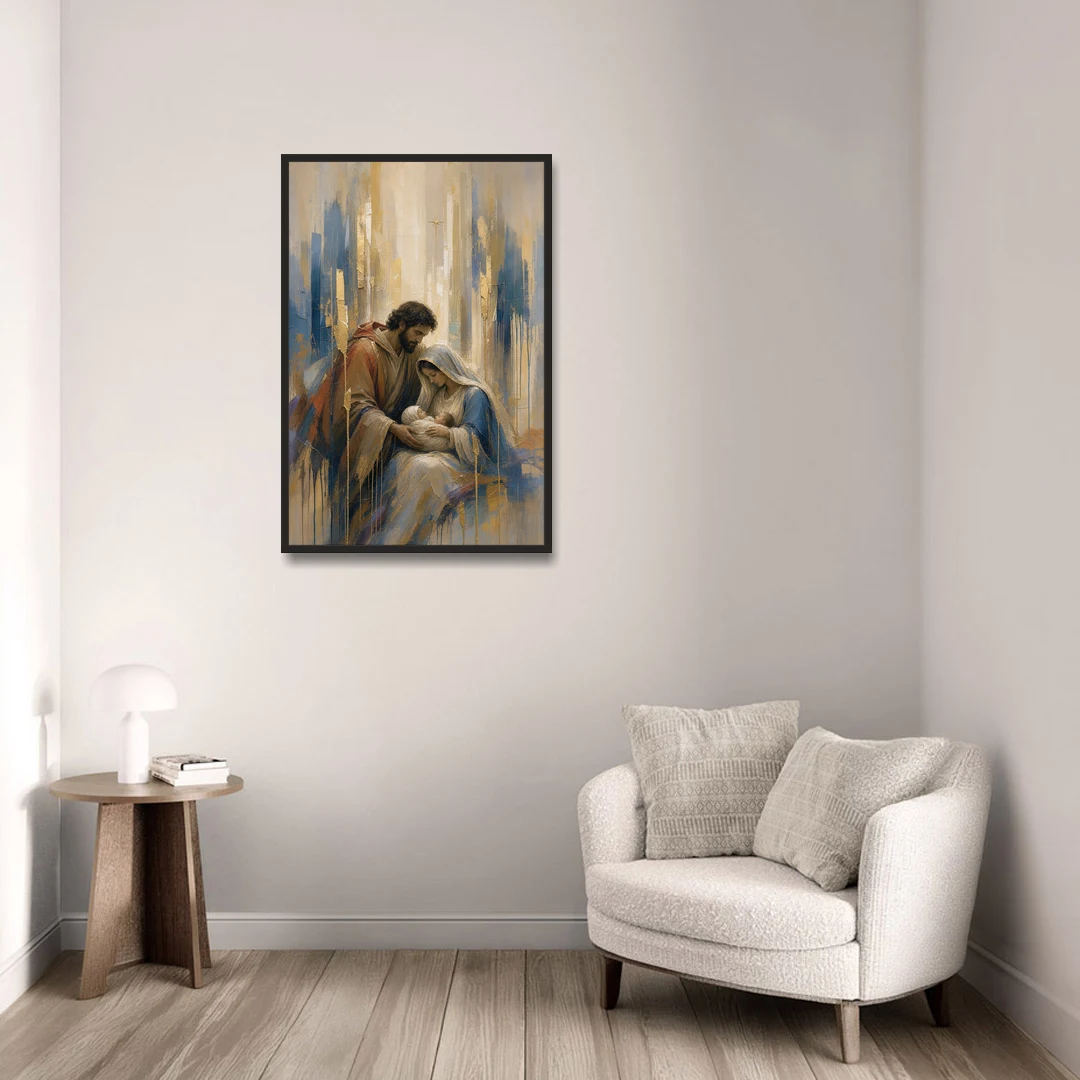 Holy Family Canvas in Indigo and Gold - Black Framed Canvas Wall Art - Sofa - 24x36