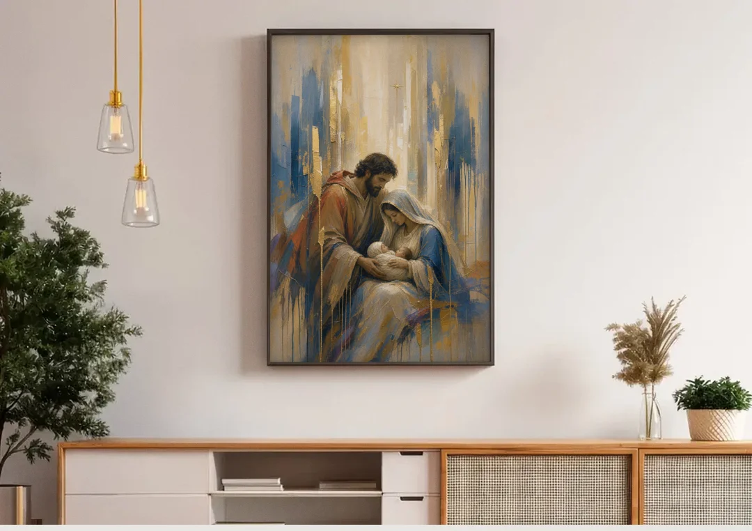 Holy Family Canvas in Indigo and Gold canvas wall art above a wooden sideboard under pendant lights