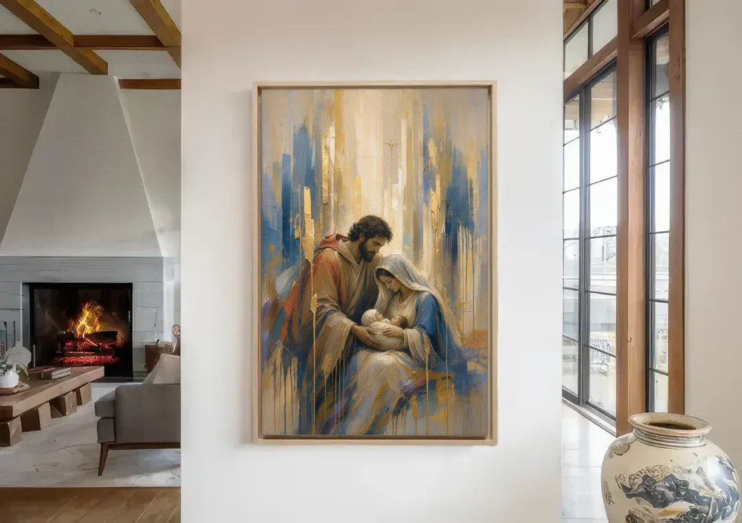 Holy Family Canvas in Indigo and Gold canvas wall art in a living room with a fireplace
