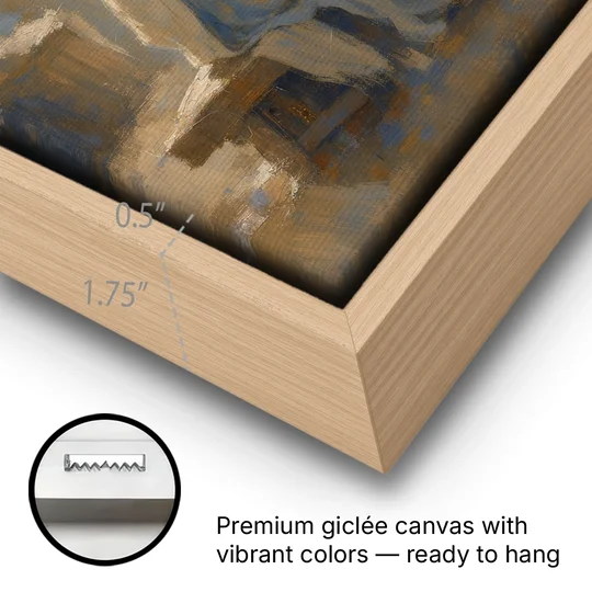 Holy Family Painting by Lantern Light - Oak Framed Canvas Wall Art - Gallery Wrap Corner