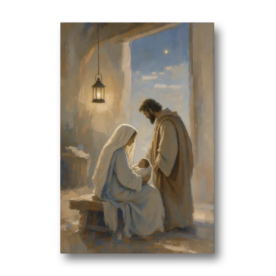 Holy Family Painting by Lantern Light - Canvas Wall Art - Front