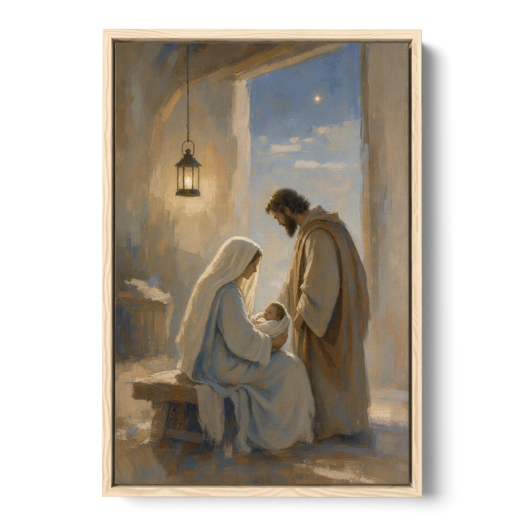 Holy Family Painting by Lantern Light - Oak Framed Canvas Wall Art - Front