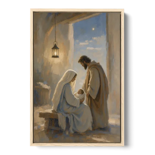 Holy Family Painting by Lantern Light - Oak Framed Canvas Wall Art - Front