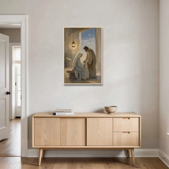 Holy Family Painting by Lantern Light - Oak Framed Canvas Wall Art - Coffee Table - 24x36
