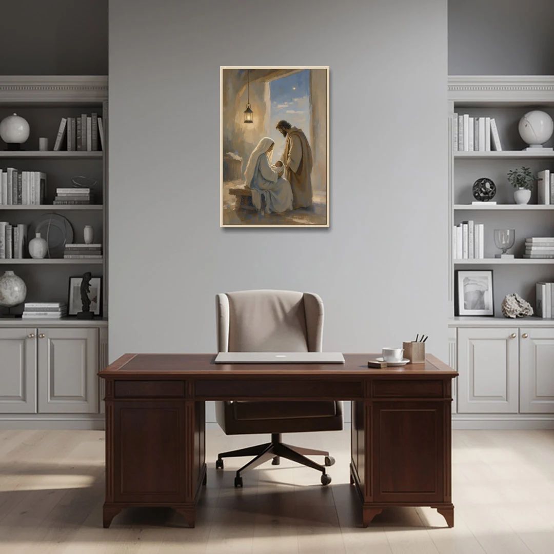 Holy Family Painting by Lantern Light - Oak Framed Canvas Wall Art - Office - 24x36
