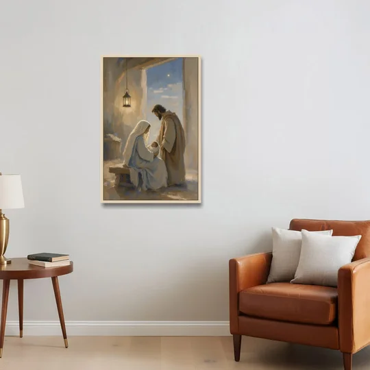 Holy Family Painting by Lantern Light - Oak Framed Canvas Wall Art - Sofa - 24x36