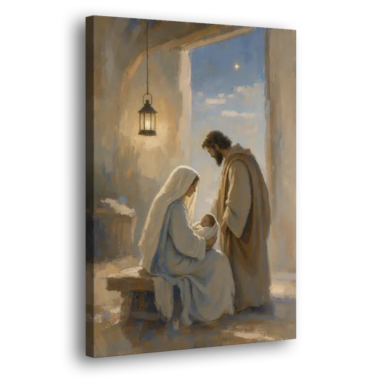 Holy Family Painting by Lantern Light - Canvas Wall Art - Side