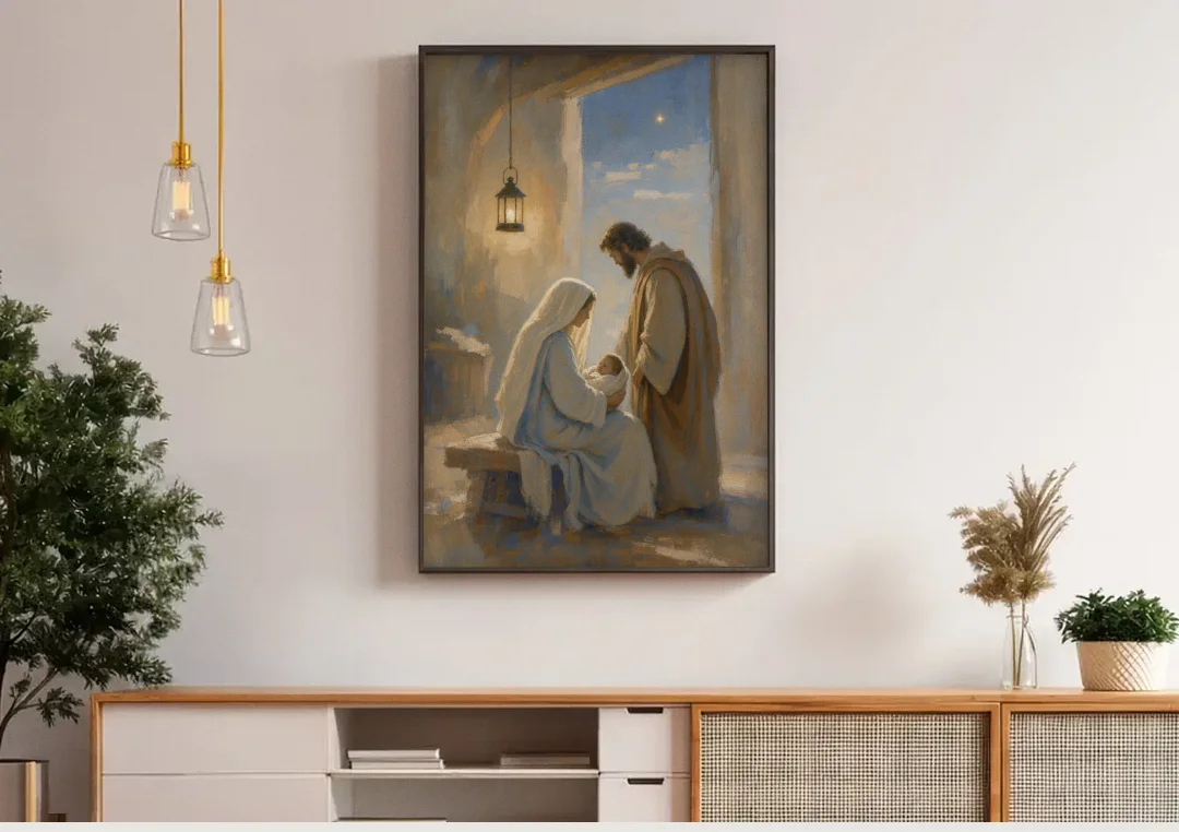 Holy Family Painting by Lantern Light canvas wall art above a wooden sideboard under pendant lights