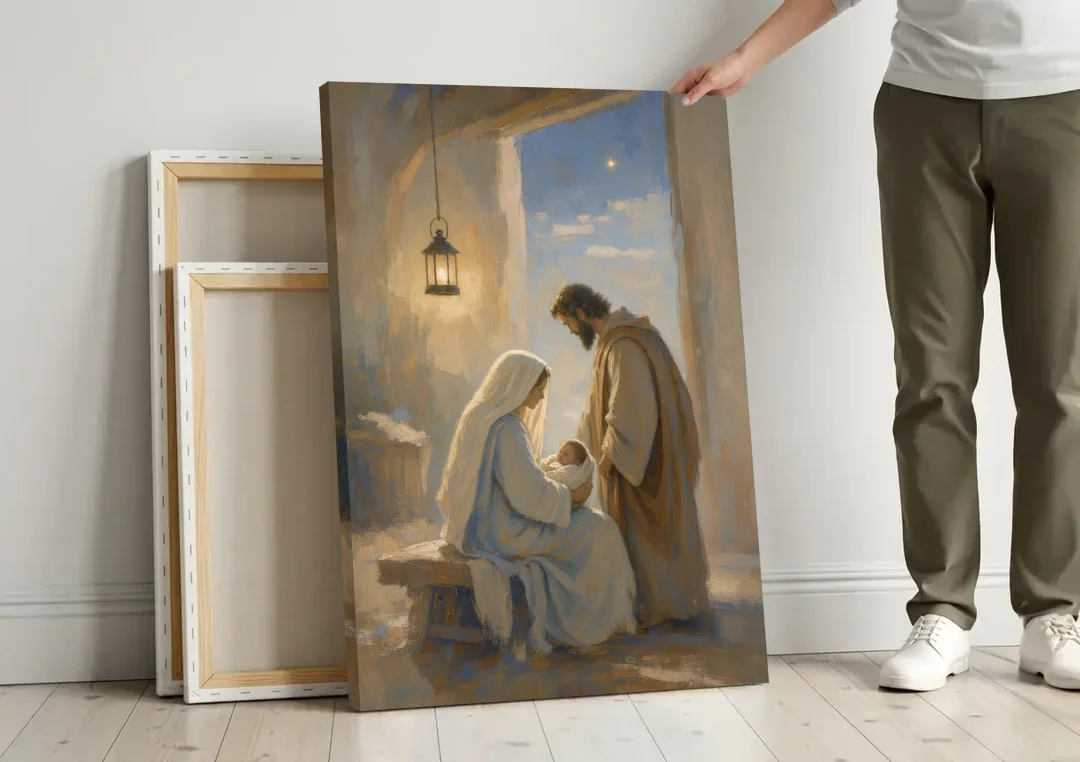 Holy Family Painting by Lantern Light canvas wall art leaning against a wall next to blank canvases