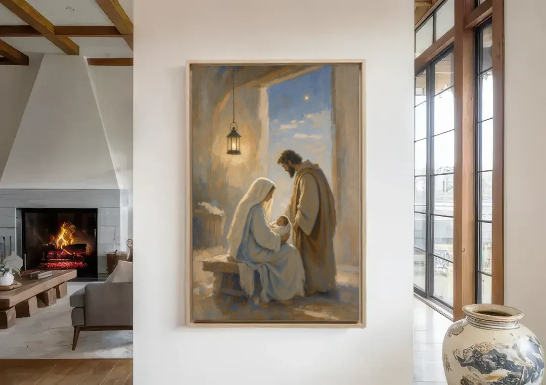 Holy Family Painting by Lantern Light canvas wall art in a living room with a fireplace
