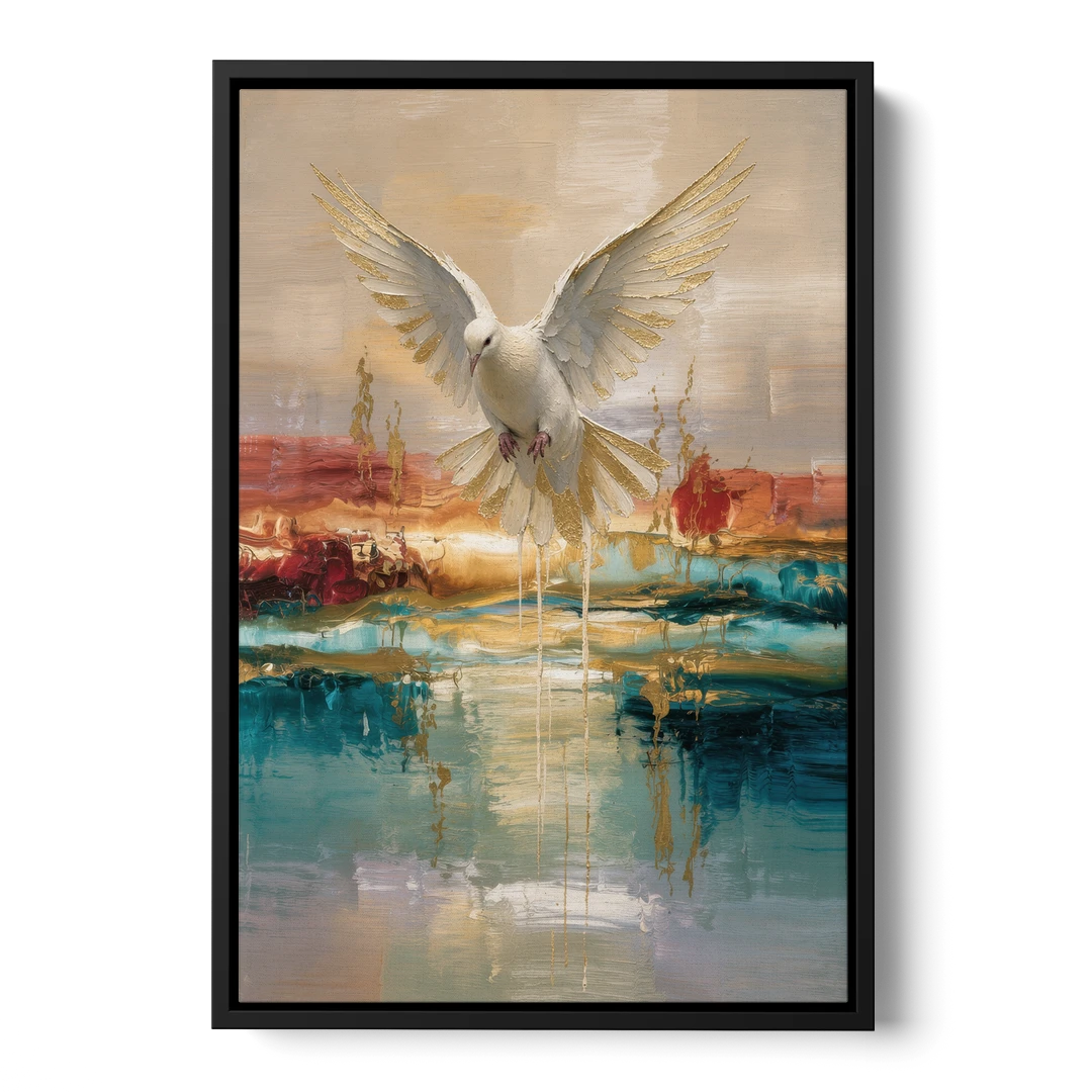 Holy Spirit Dove Painting Descending in Gold - Black Framed Canvas Wall Art - Front