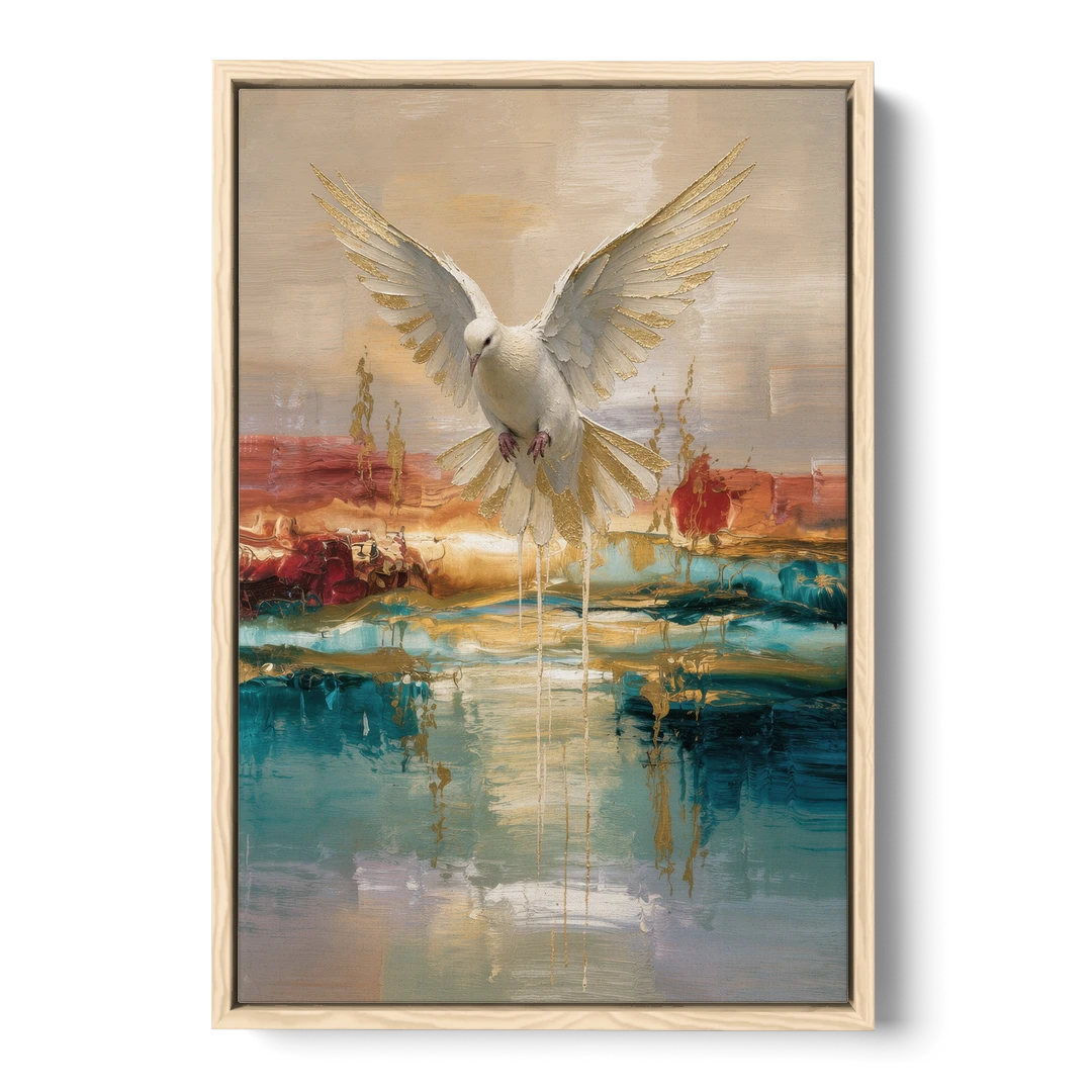 Holy Spirit Dove Painting Descending in Gold - Oak Framed Canvas Wall Art - Front