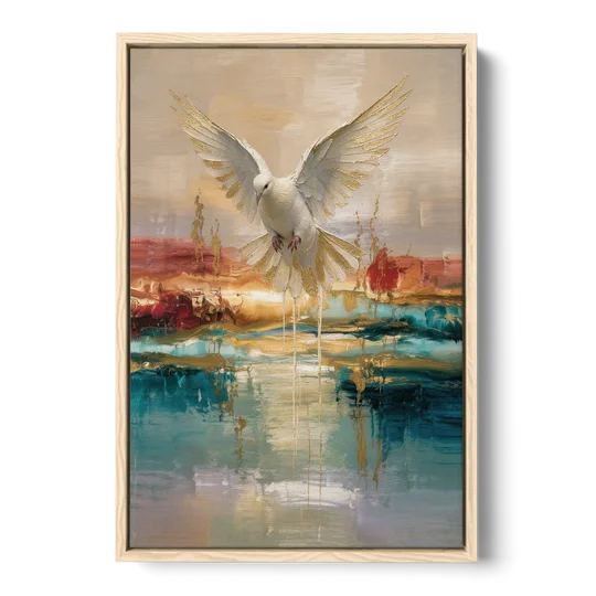 Holy Spirit Dove Painting Descending in Gold - Oak Framed Canvas Wall Art - Front