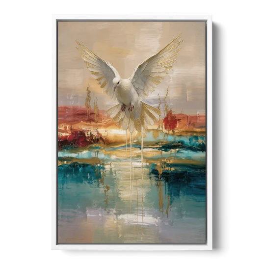 Holy Spirit Dove Painting Descending in Gold - White Framed Canvas Wall Art - Front