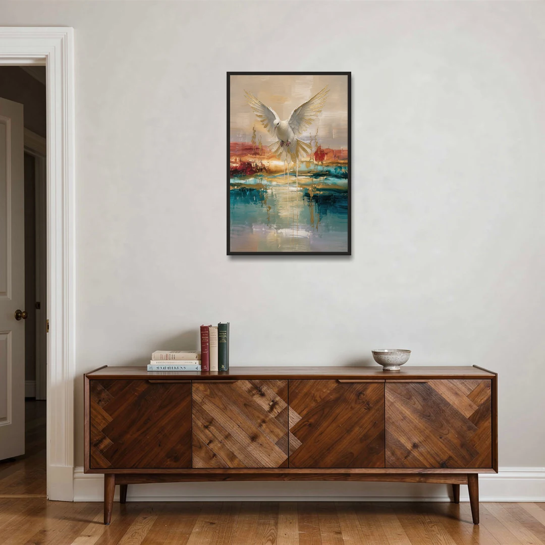 Holy Spirit Dove Painting Descending in Gold - Black Framed Canvas Wall Art - Coffee Table - 24x36