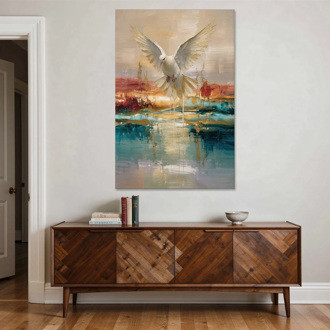 Holy Spirit Dove Painting Descending in Gold - Canvas Wall Art - Coffee Table - 40x60