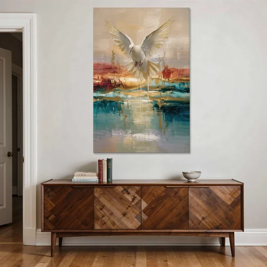 Holy Spirit Dove Painting Descending in Gold - Canvas Wall Art - Coffee Table - 40x60