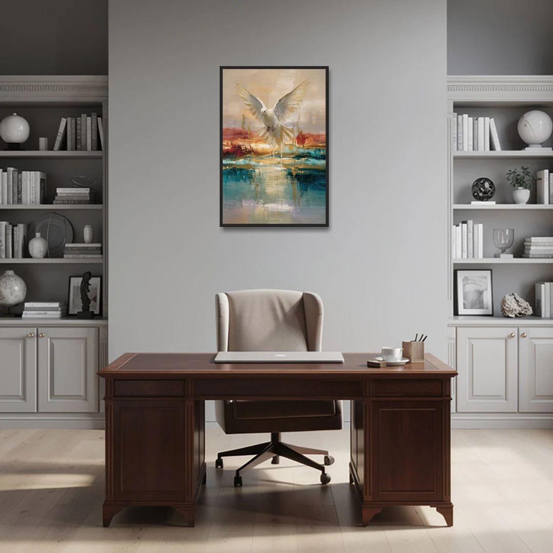 Holy Spirit Dove Painting Descending in Gold - Black Framed Canvas Wall Art - Office - 24x36