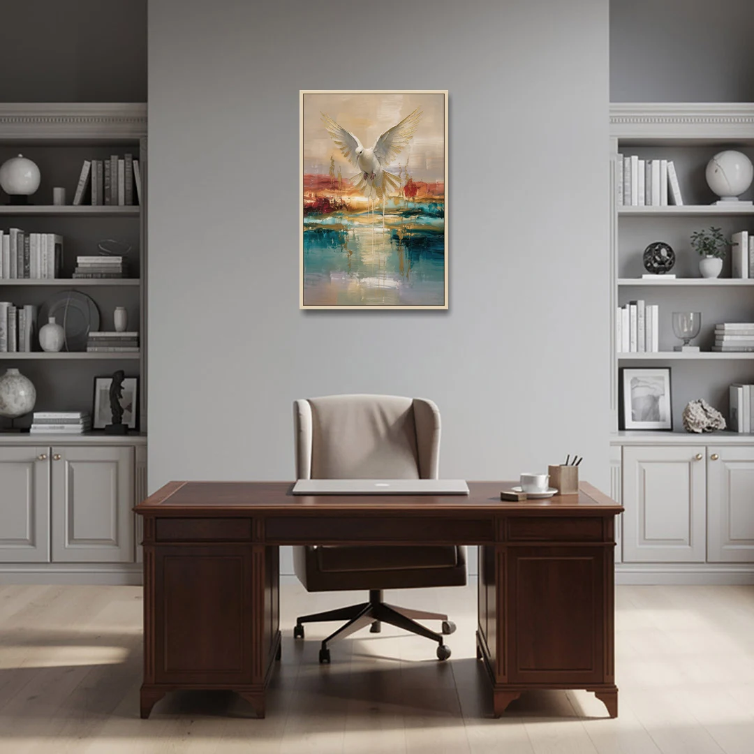Holy Spirit Dove Painting Descending in Gold - Oak Framed Canvas Wall Art - Office - 24x36