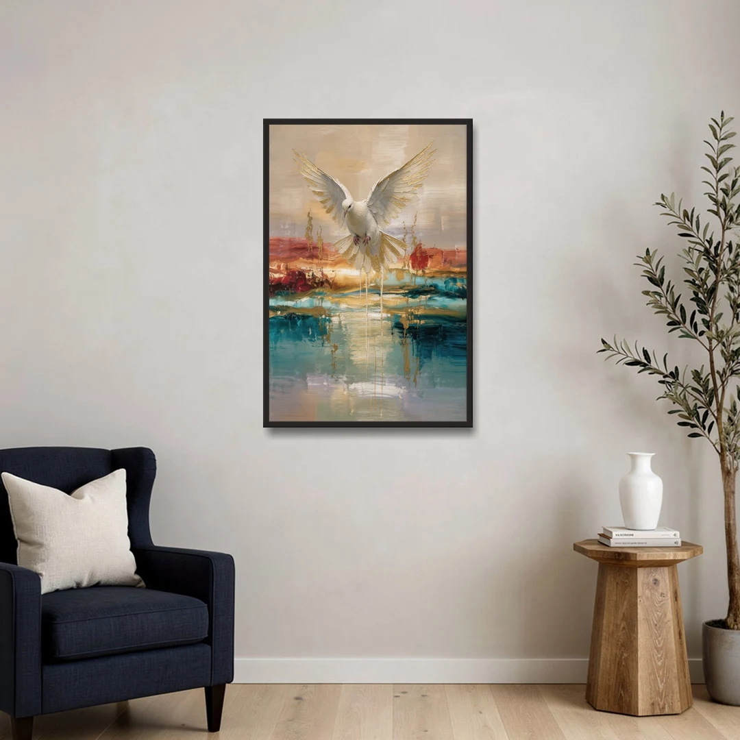 Holy Spirit Dove Painting Descending in Gold - Black Framed Canvas Wall Art - Sofa - 24x36